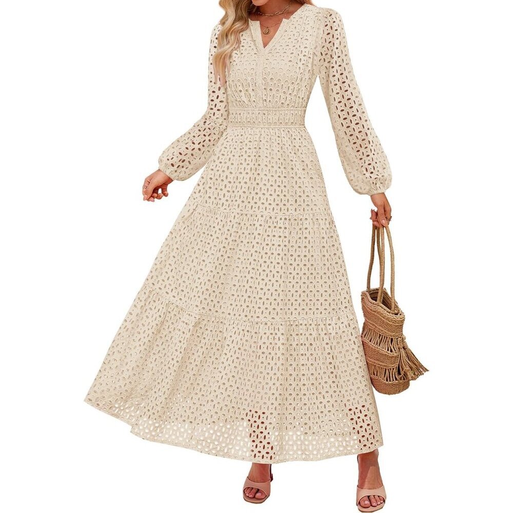 Women's 2026 Spring Long Sleeve Maxi Dress V Neck Hollow Out Eyelet A Line Long